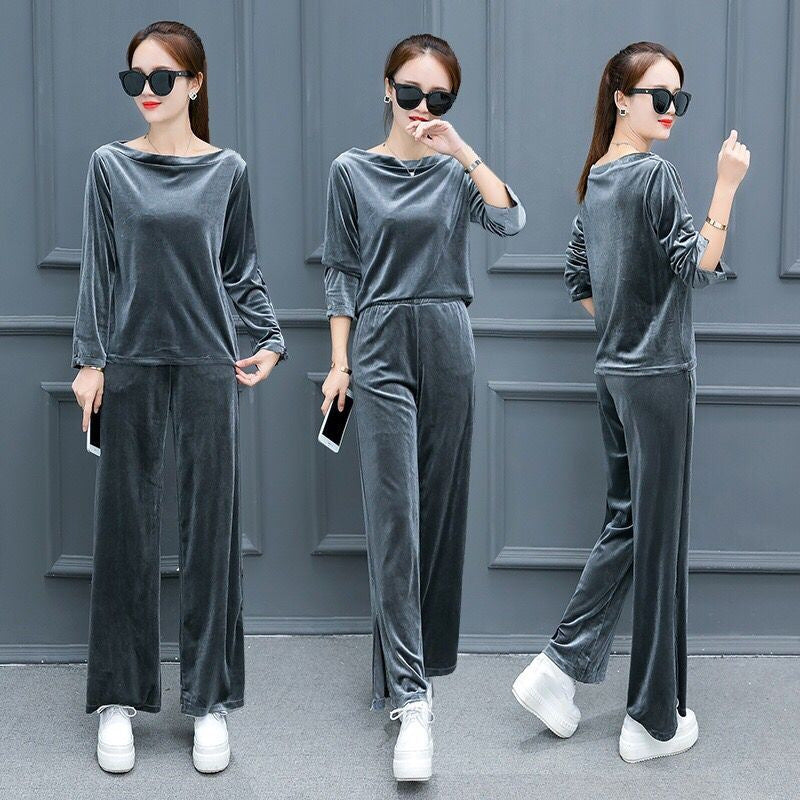 Womens Solid-color Halter-neck Split Wide-leg Pants Long-sleeve Casual Set