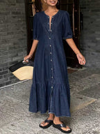 Button-ront Puff Sleeve Ruffle Hem Denim Midi Dress