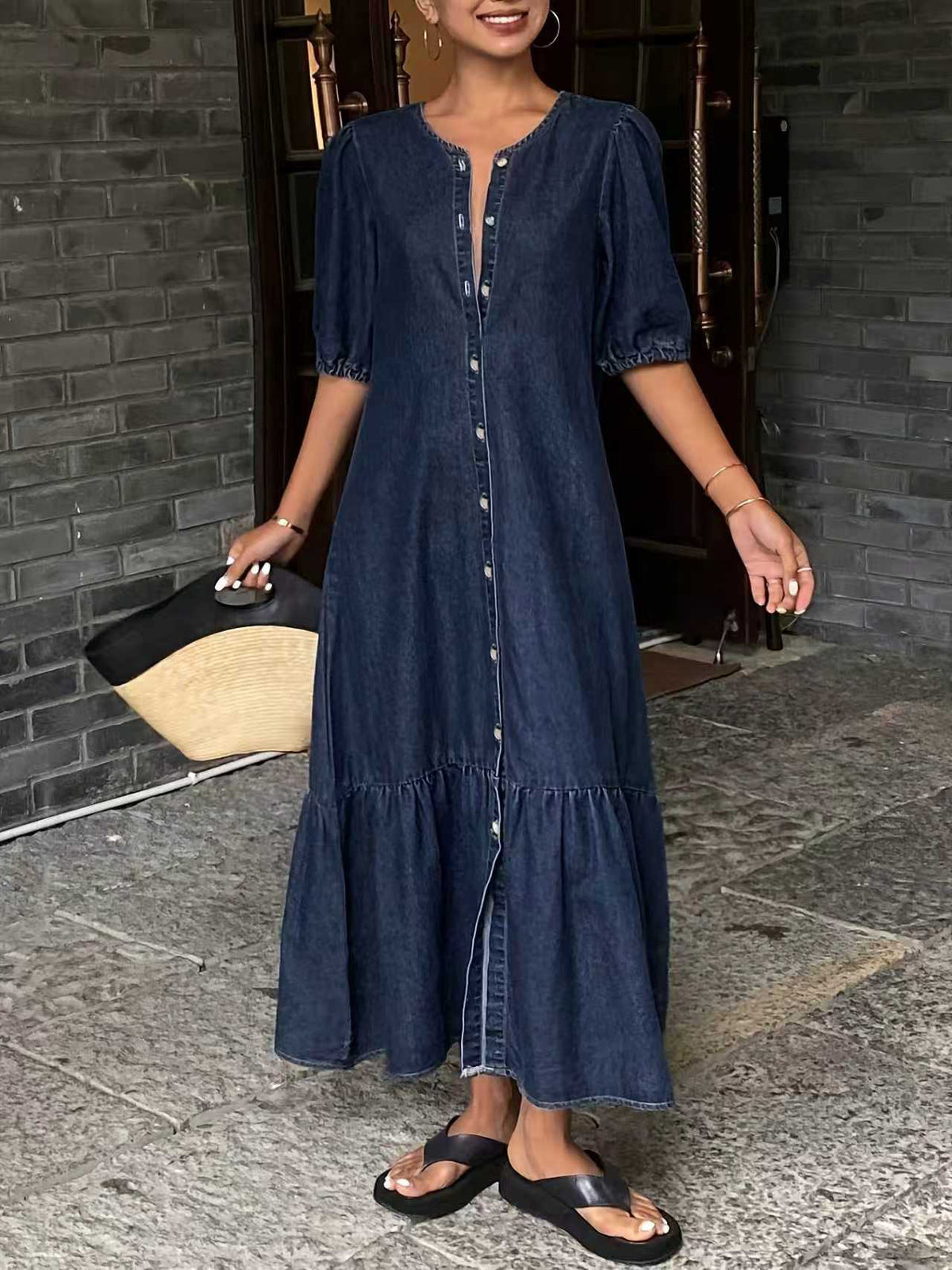 Button-ront Puff Sleeve Ruffle Hem Denim Midi Dress