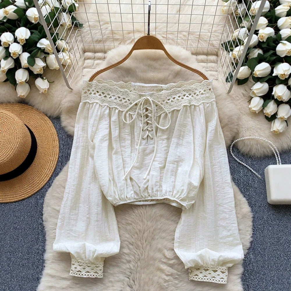 Womens One-shoulder Waist-cinching Lace-panel Long-sleeve Top With Tie Detailing