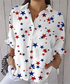 Women's Lapel Shirt With American Vintage Stars And Stripes Print, Single-breasted Casual Loose Short-sleeve Top