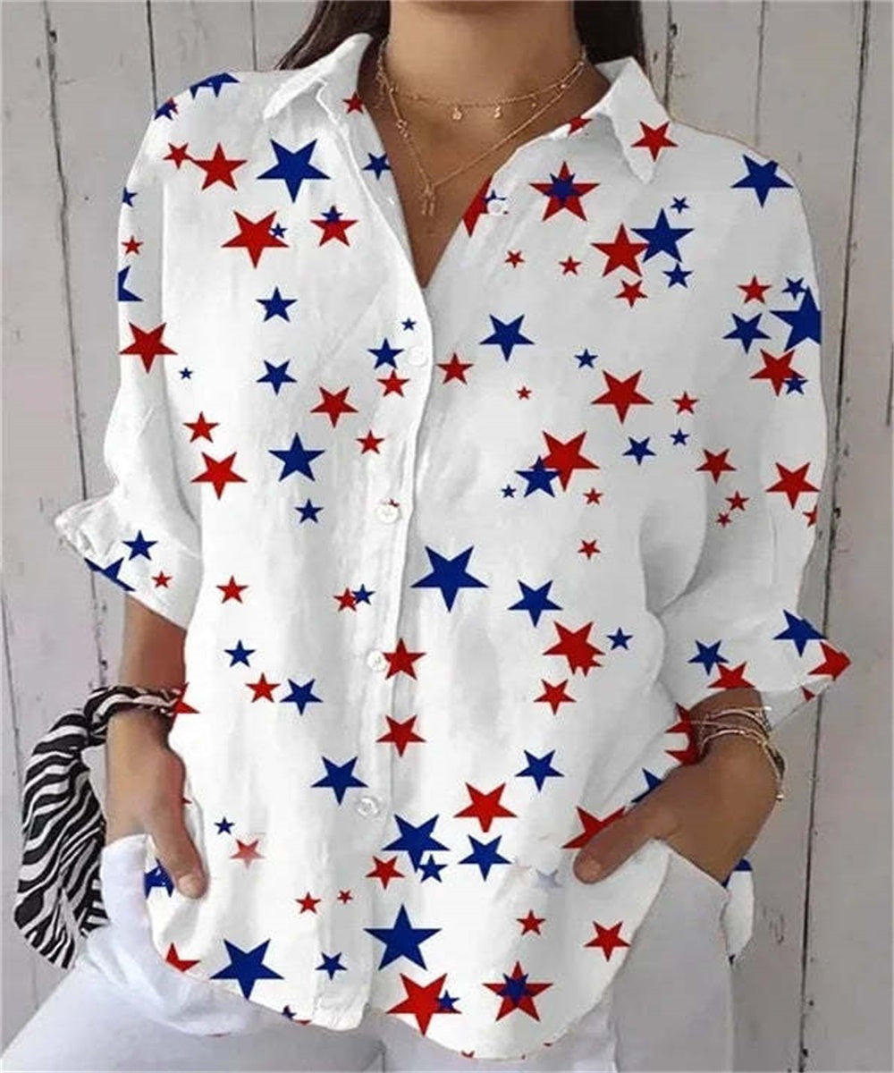 Women's Lapel Shirt With American Vintage Stars And Stripes Print, Single-breasted Casual Loose Short-sleeve Top