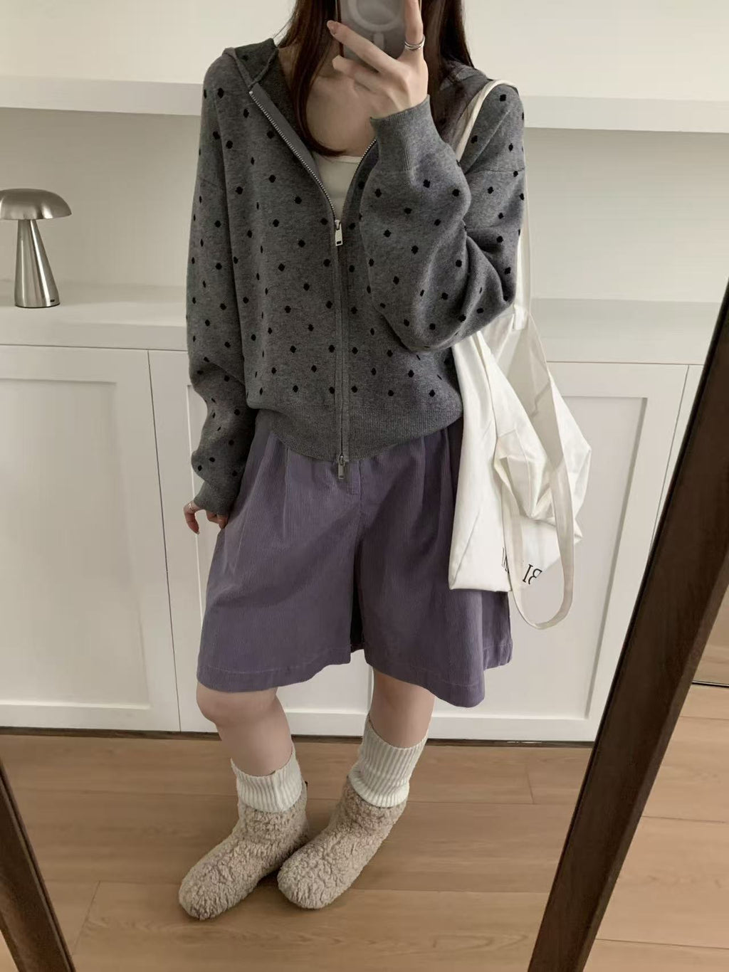 Korean-style Color-blocked Polka-dot Fine-gauge Knit Hooded Short Top, Double-zip Loose Slimming Cardigan Sweater Coat For Women