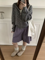 Korean-style Color-blocked Polka-dot Fine-gauge Knit Hooded Short Top, Double-zip Loose Slimming Cardigan Sweater Coat For Women