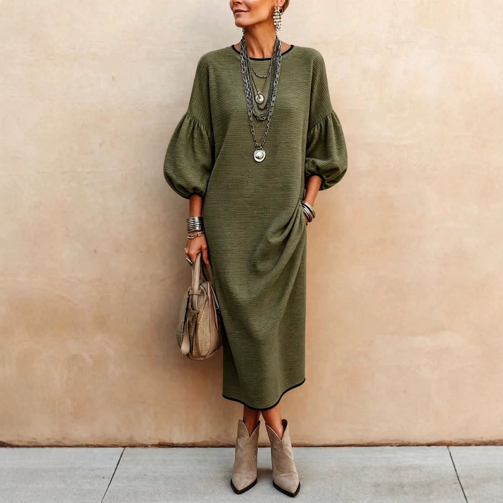 Womens Knitted Mid-Length Dress With Bubble Sleeves