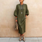 Womens Knitted Mid-Length Dress With Bubble Sleeves