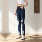 High Waist Distressed Skinny Jeans For Women, Dark Blue Multi Ripped Stretch Denim Trousers