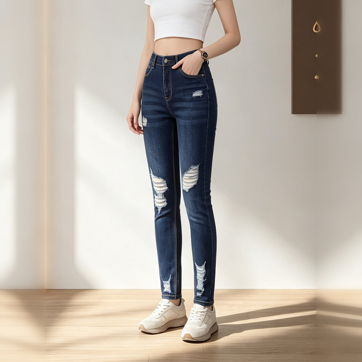 High Waist Distressed Skinny Jeans For Women, Dark Blue Multi Ripped Stretch Denim Trousers