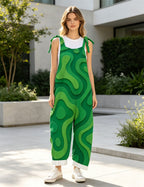 Women Abstract Swirl Print Overalls, Tie Shoulder Wide Leg Bib Pants Casual Summer Jumpsuit