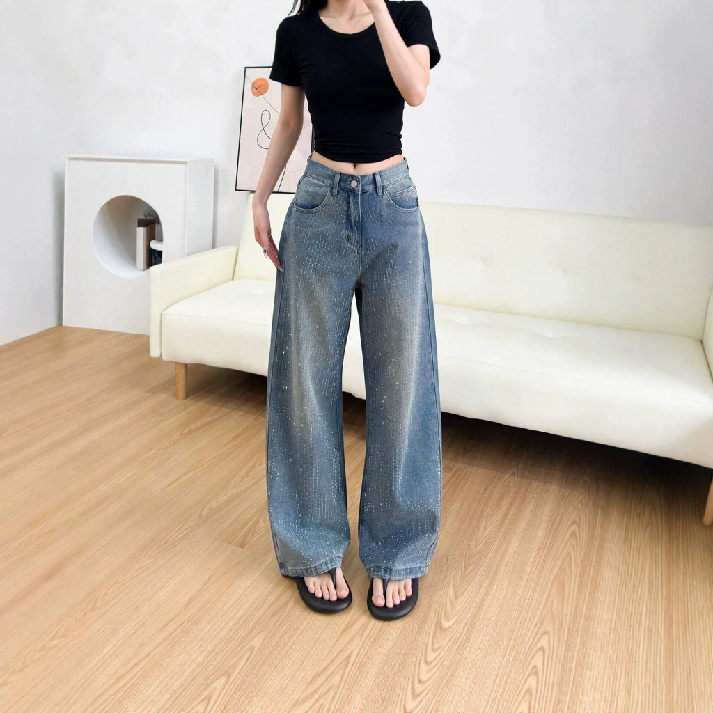 Womens Fashionable Rhinestone-Embellished Loose-Fit Straight-Leg Jeans