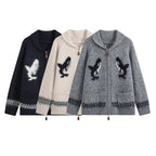 Fashionable Two-Way Zipper Shark Jacquard Embroidered Knit Cardigan