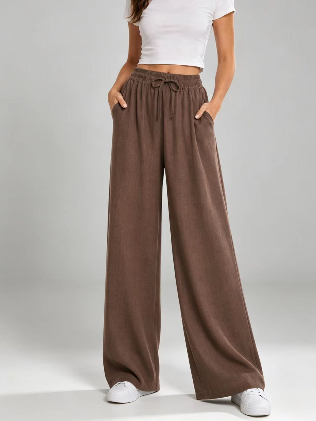 New European And American Style Drawstring Elastic Waist Loose Casual Solid Color Drapey Straight Wide-leg Long Pants For Women