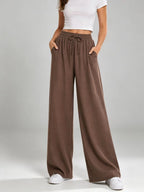 New European And American Style Drawstring Elastic Waist Loose Casual Solid Color Drapey Straight Wide-leg Long Pants For Women