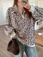 Women's Casual Corduroy Hoodie With Leopard Print Pattern