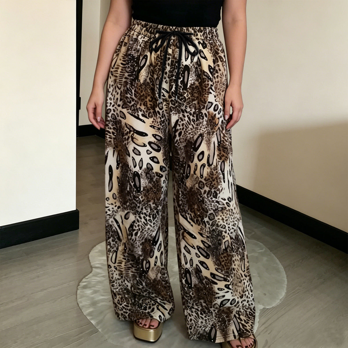 C7768 Cross-border 2026 New Women's Fashion Rhinestone Drawstring Loose Wide-Leg Pants Vintage Animal Print Casual Trousers