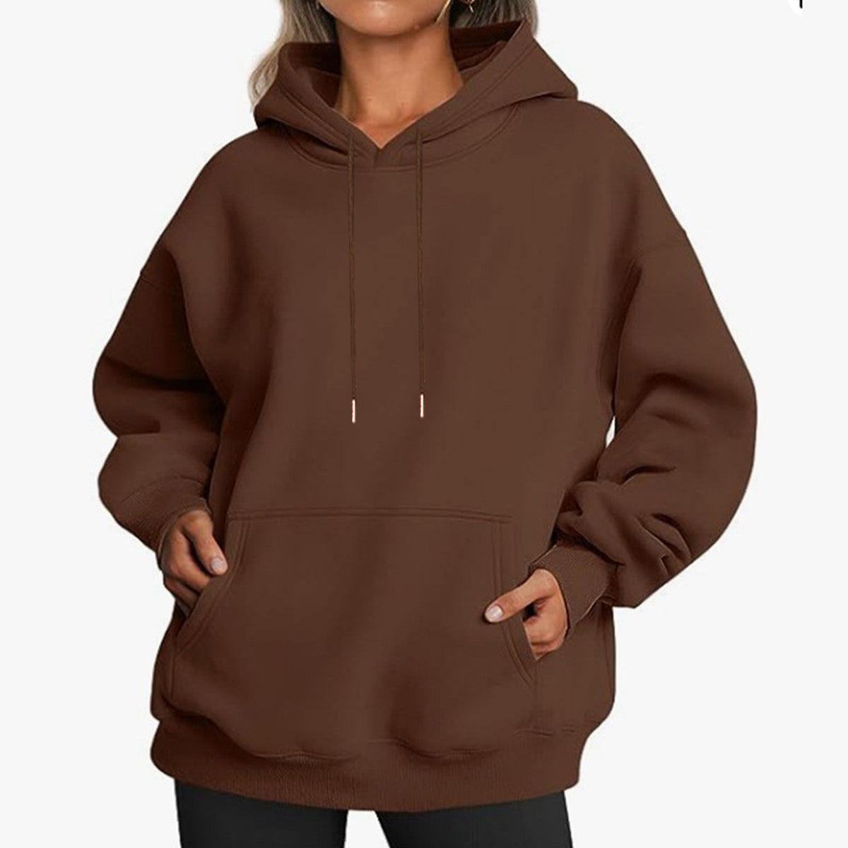 Women's Solid-color Loose-fit Drop-shoulder Hooded Sweatshirt