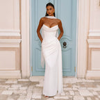 Women's Solid-color Strapless Pleated Maxi Bodycon Dress