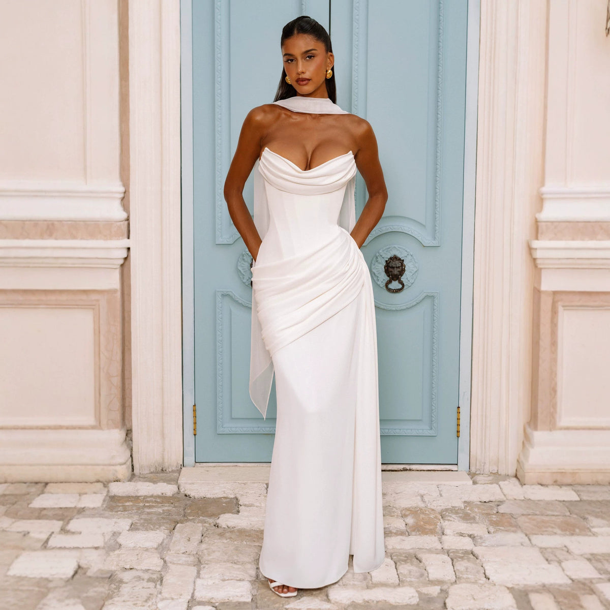 Women's Solid-color Strapless Pleated Maxi Bodycon Dress