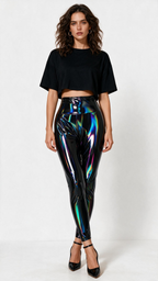 Women Holographic Metallic Patent Capri Leggings, High Waisted Shiny Iridescent 7-8 Cropped Pants For Club Party Festival
