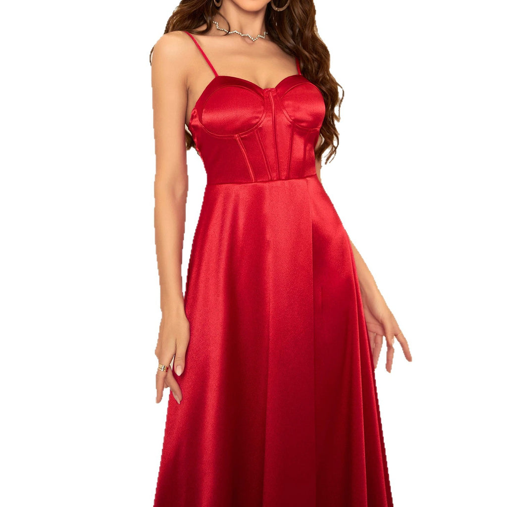 Red Satin Strap Slit A-line Evening Gown