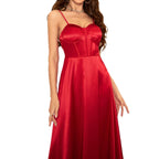 Red Satin Strap Slit A-line Evening Gown