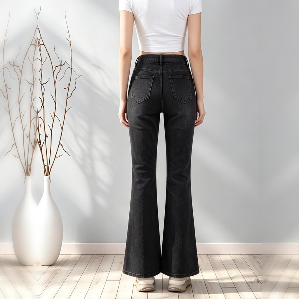 Solid Black Washed Bell Bottom Denim Jeans, Women High Waist Stretch Flare Jeans
