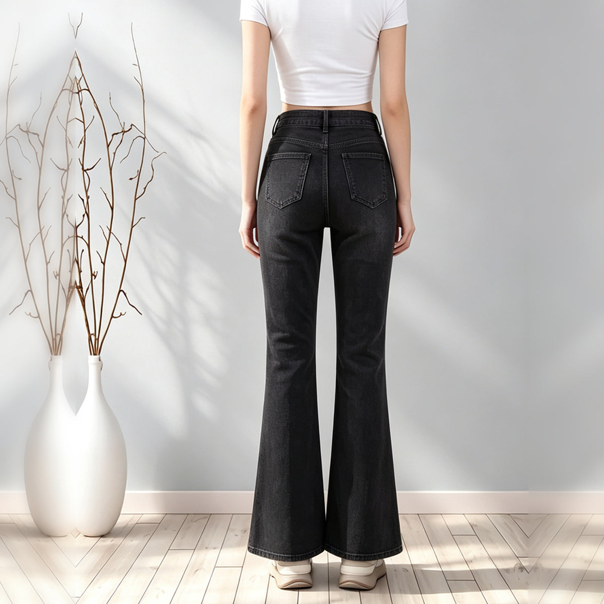 Solid Black Washed Bell Bottom Denim Jeans, Women High Waist Stretch Flare Jeans