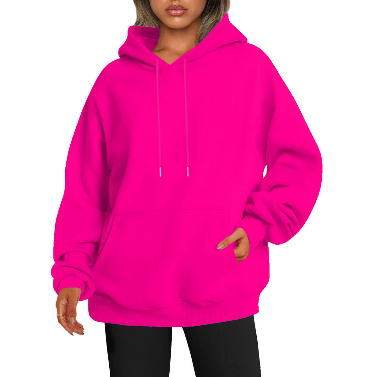 Women's Solid-color Loose-fit Drop-shoulder Hooded Sweatshirt