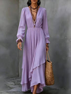 Solid-color V-neck Asymmetrical Chiffon Long-sleeve Dress With Ruffled Hem
