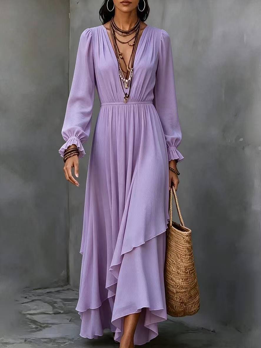 Solid-color V-neck Asymmetrical Chiffon Long-sleeve Dress With Ruffled Hem