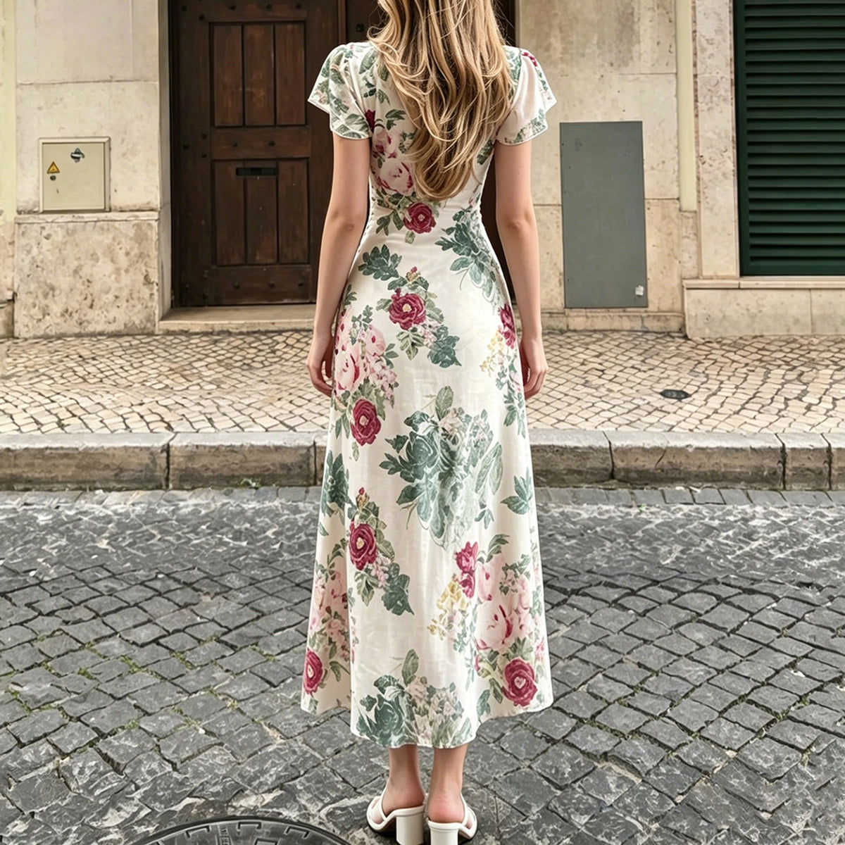 Floral Ruffled V-Neck Mesh Dress Resort