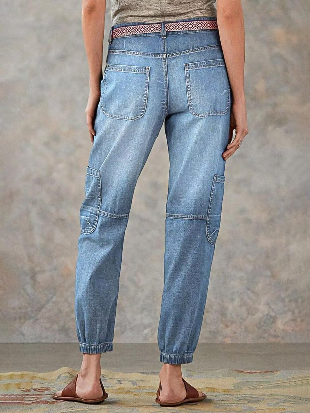 Women Cargo Jeans Light Blue Utility Denim Pants Drawstring Waist Multi Pocket Casual Jogger Jeans Wholesale US Ready Stock