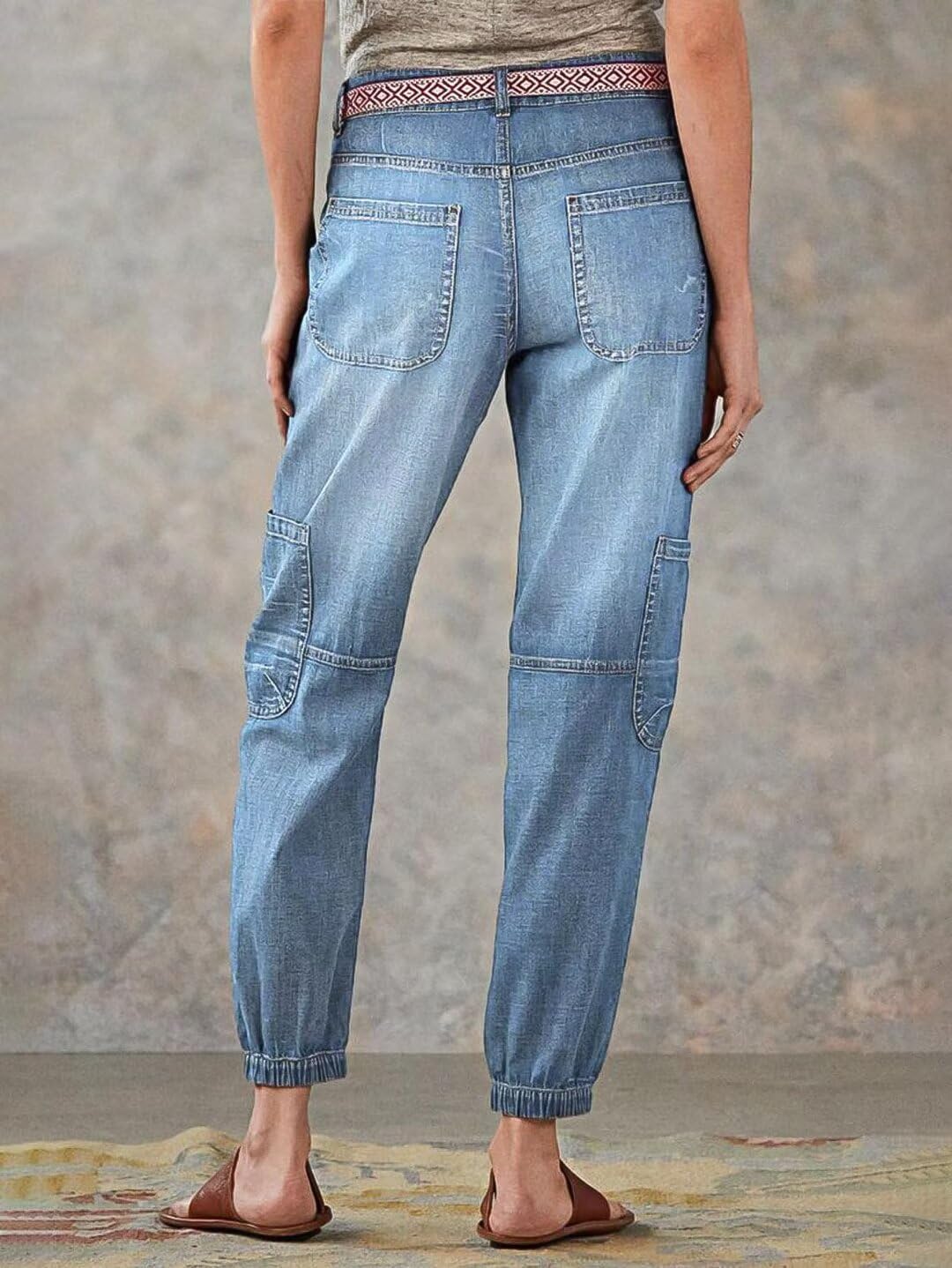 Women Cargo Jeans Light Blue Utility Denim Pants Drawstring Waist Multi Pocket Casual Jogger Jeans Wholesale US Ready Stock
