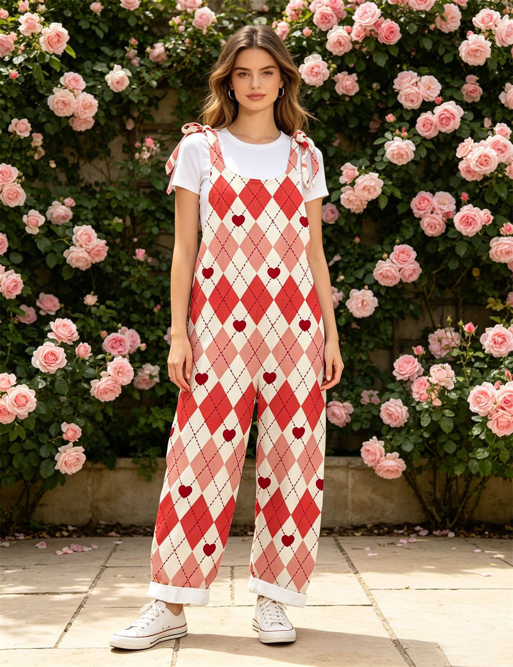Women Floral Stripe Print Overalls, Adjustable Tie Shoulder Wide Leg Bib Pants Casual Jumpsuit