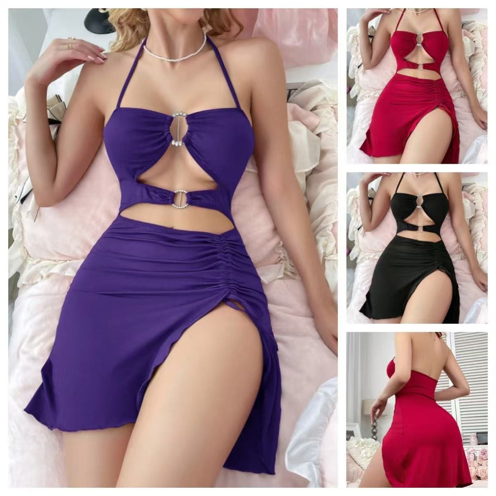 Womens Halter-Neck Slim-Fit Split Dress With Drawstring