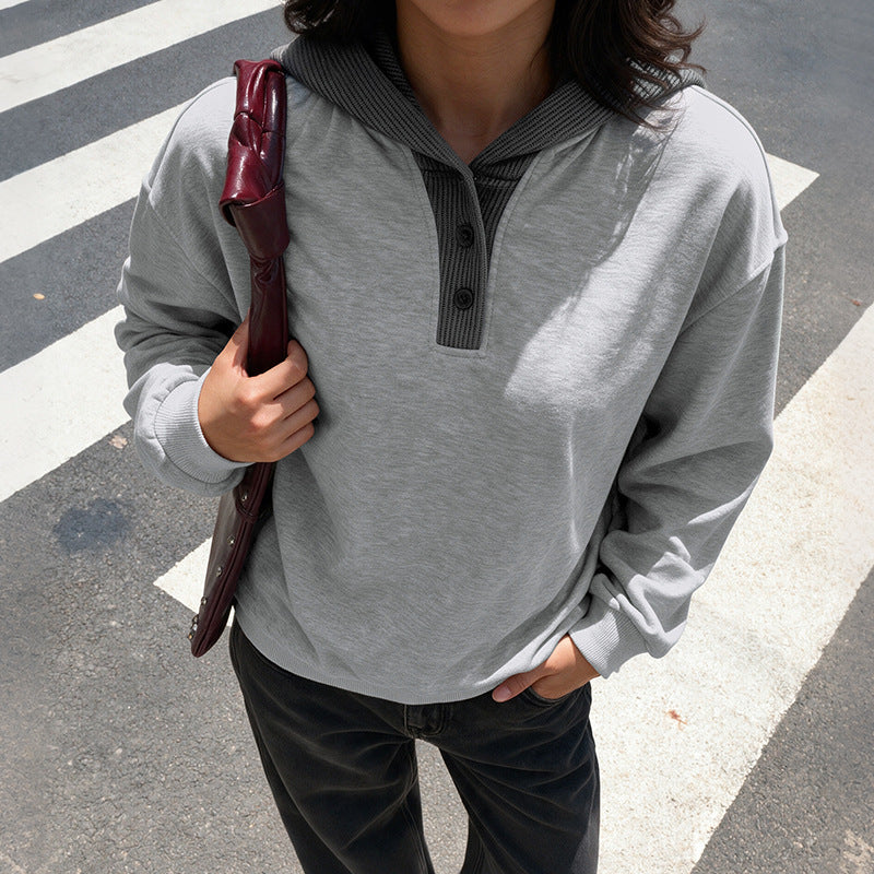 Women's Relaxed-fit Loose-fitting Patchwork Color-block Hooded Sweatshirt