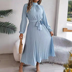 2026 European And American Women's Autumn And Winter Elegant Standing Collar Long Sleeved Waist Cinched Pleated Long Skirt Small Dress