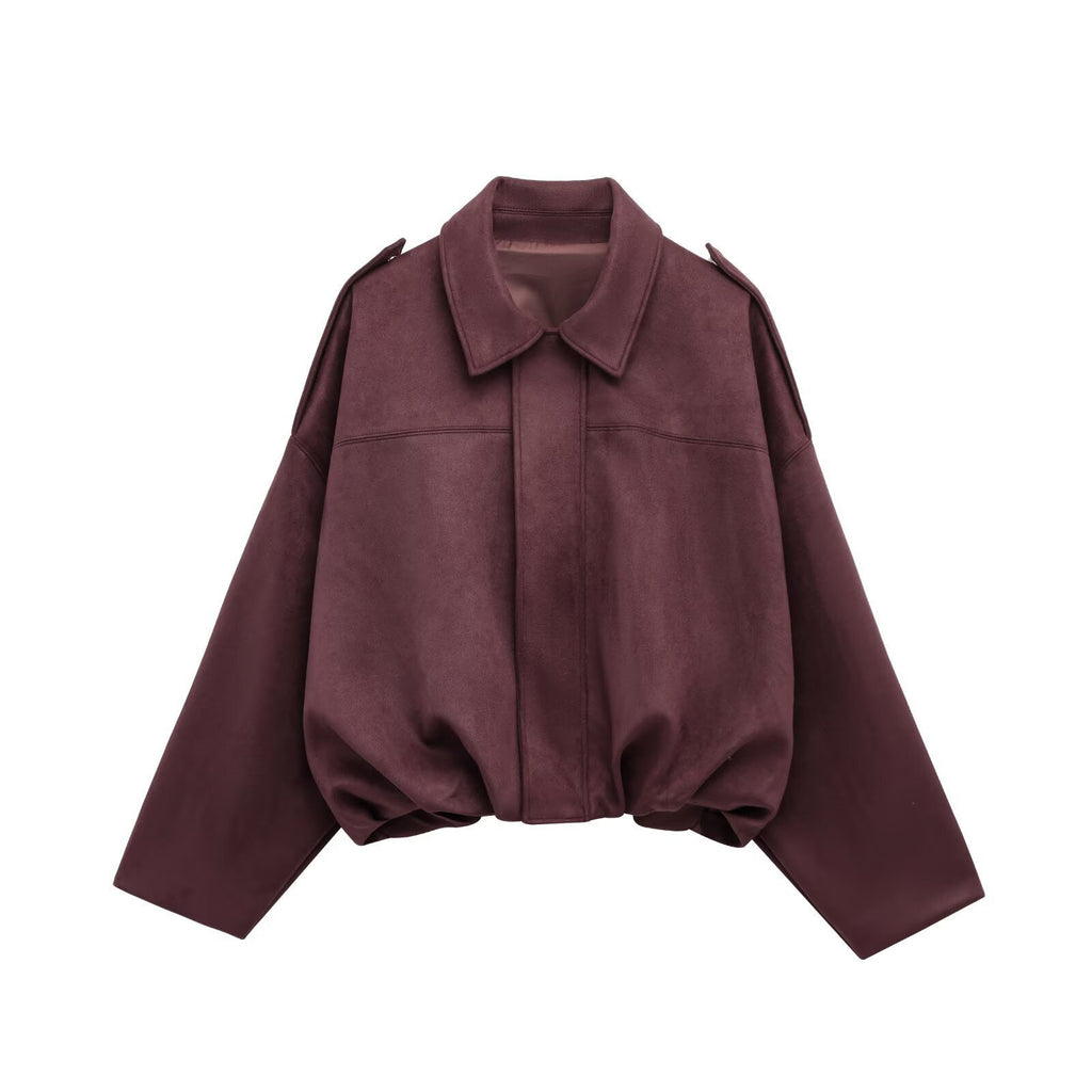 Autumn And Winter European And American Bomber Jacket Bat Sleeve Zipper Loose Suede Texture Tops Women's Casual Tops Women