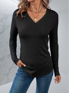 Solid-color Long-sleeved Casual V-neck Elegant Blouse
