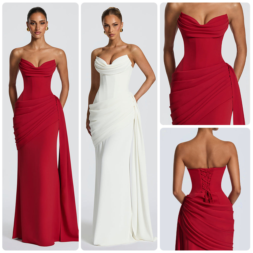 Women's Solid-color Strapless Pleated Maxi Bodycon Dress