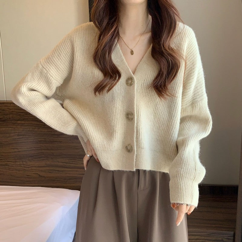 Autumn And Winter New Women's Korean-style V-neck Long-sleeved Sweater Cardigan Women's Fashionable All-matching Solid Color Top Coat