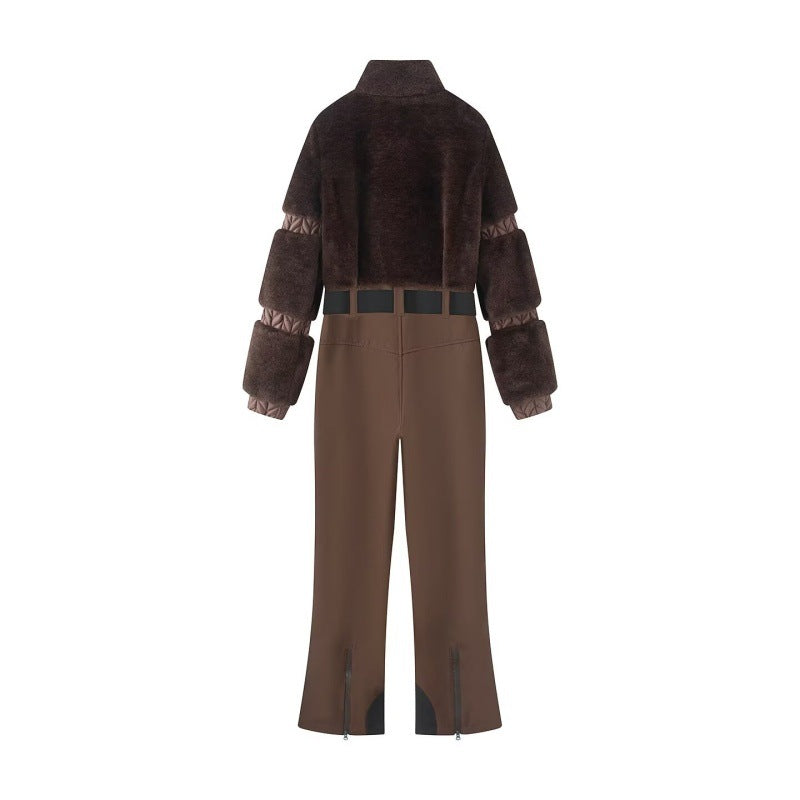 Down-filled Fur Patchwork Zip-up Thickened Fluffy Ski Jumpsuit