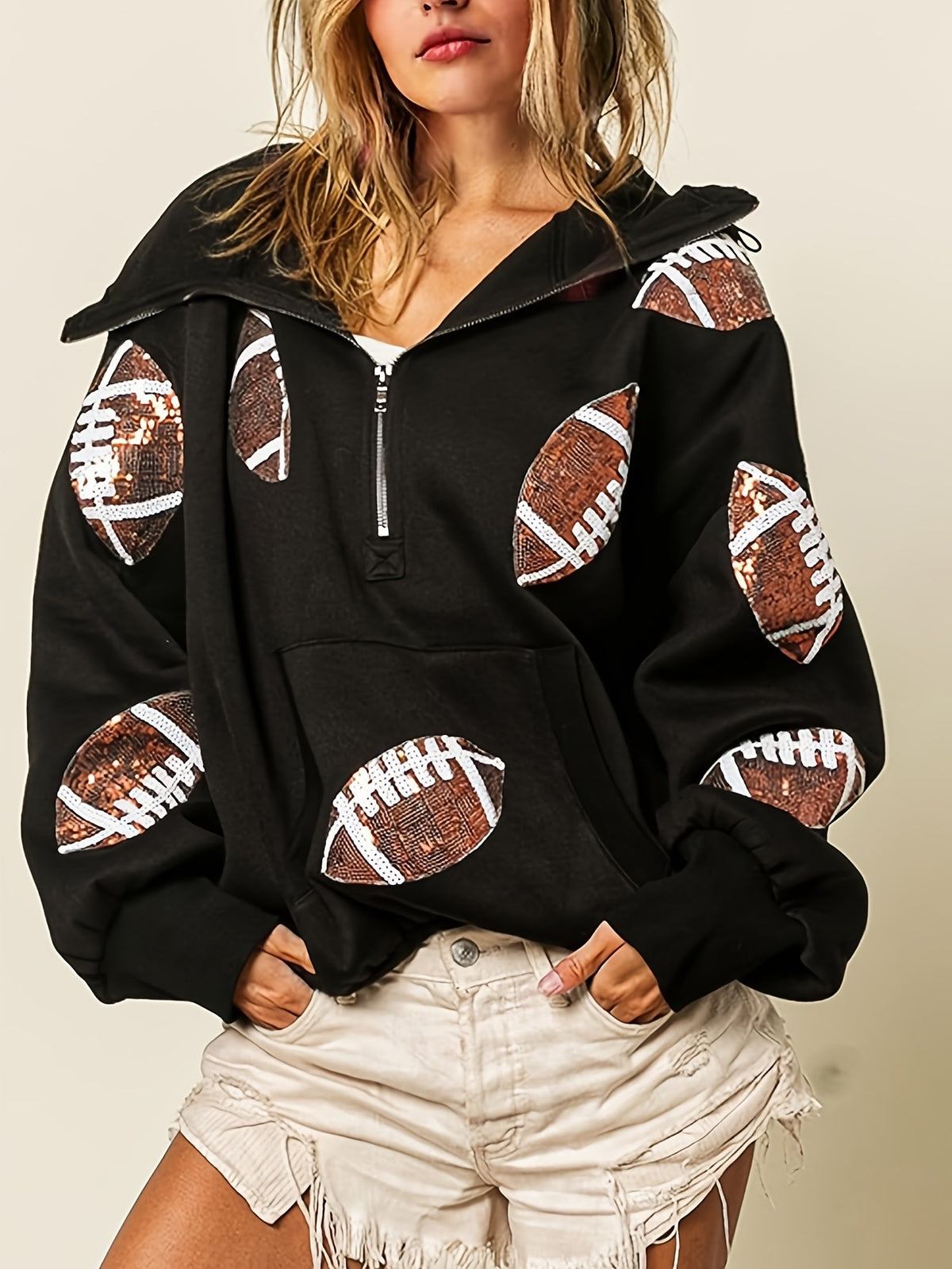 Women Half Zip Hoodie, Glitter Football Print Oversized Hooded Sweatshirt With Kangaroo Pocket