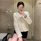Elegant And Versatile French-style Cable-knit Jacket With Gold Buttons