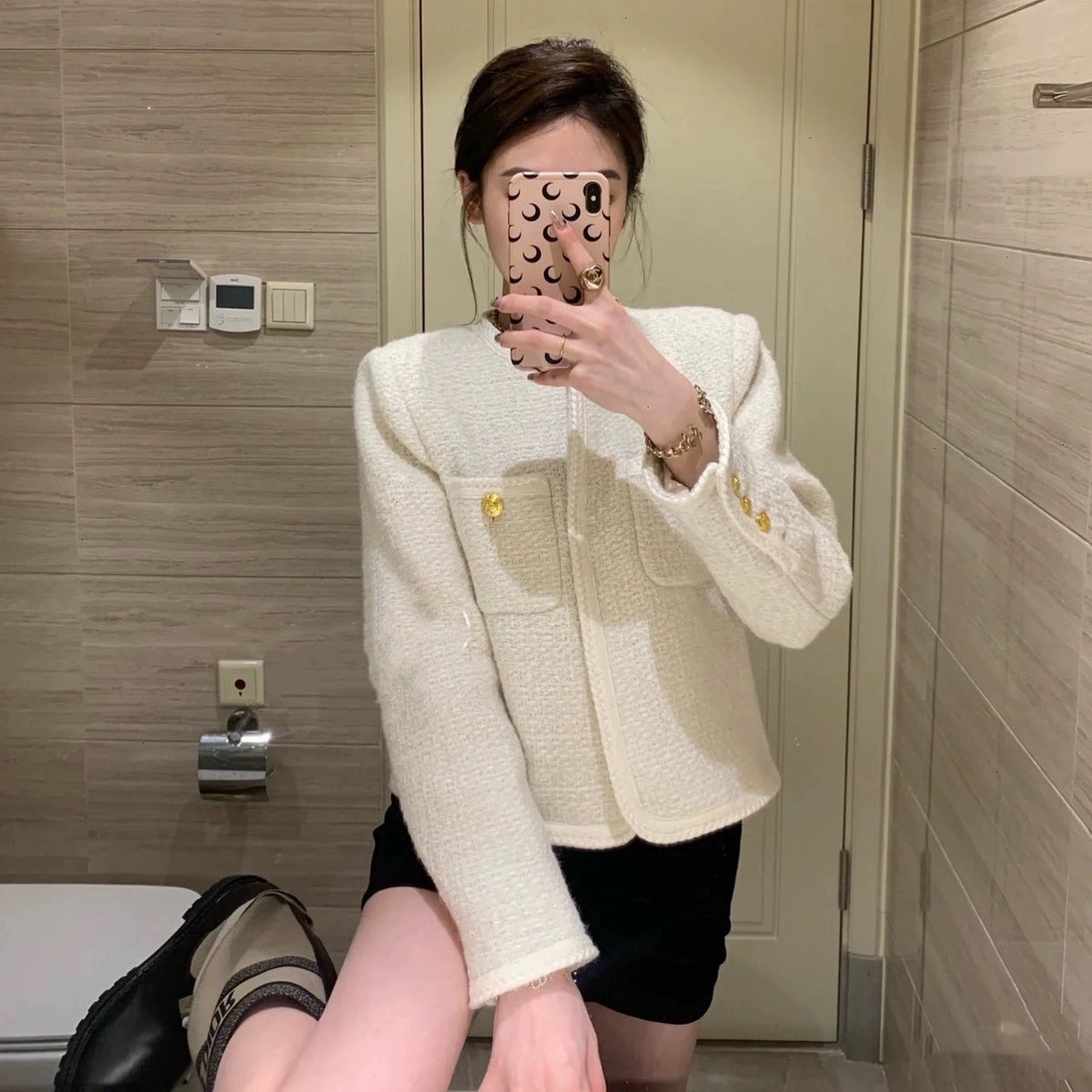 Elegant And Versatile French-style Cable-knit Jacket With Gold Buttons