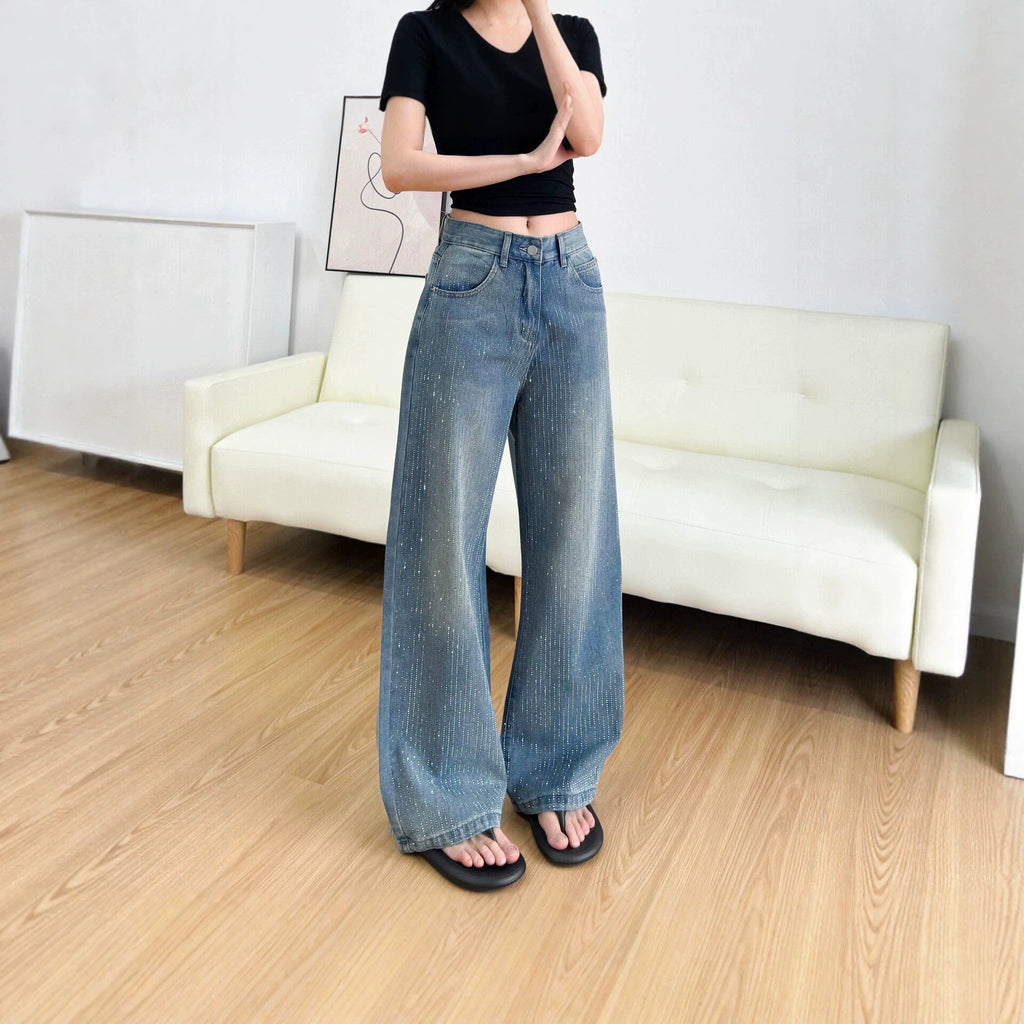 Womens Fashionable Rhinestone-Embellished Loose-Fit Straight-Leg Jeans