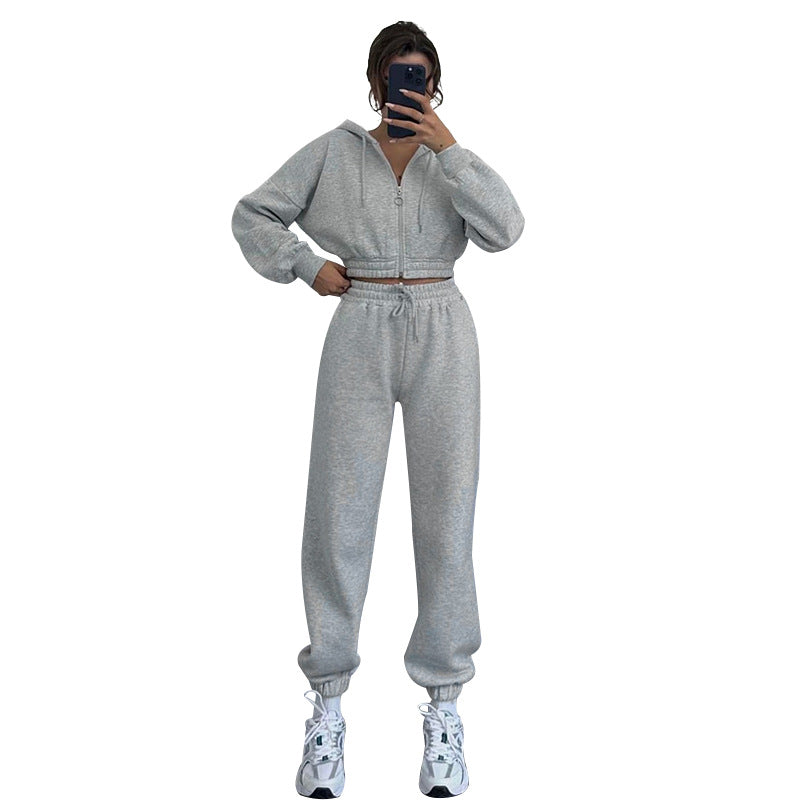 Hooded Zip-Up Waist-Cinching Sweatshirt Womens Set