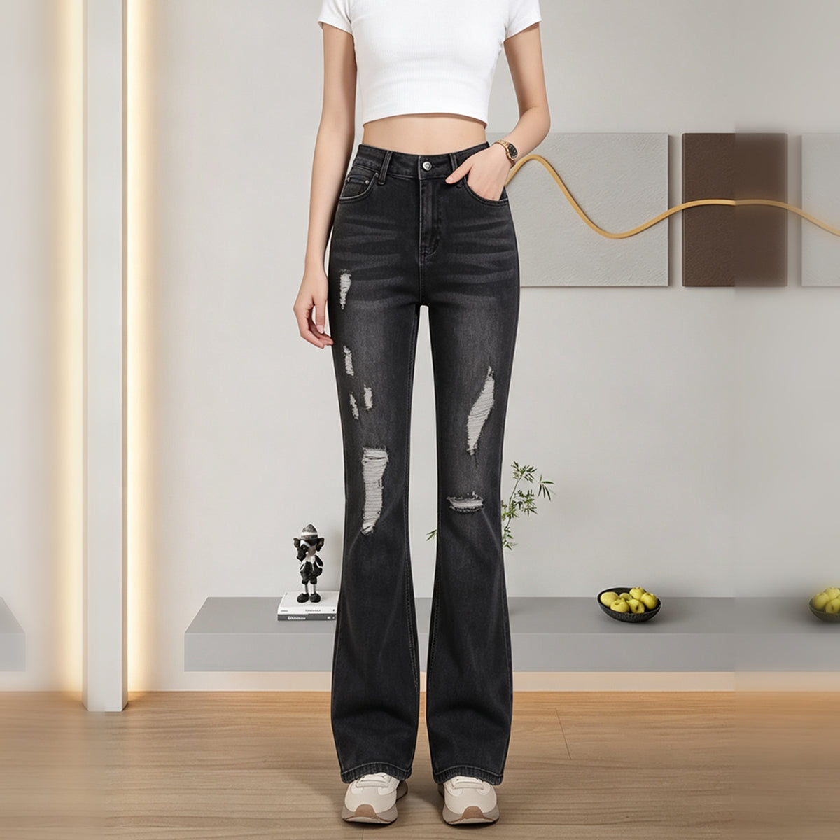 High Waist Distressed Flare Jeans For Women, Faded Black Ripped Stretch Denim Bell Bottom Trousers