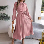 2026 European And American Women's Autumn And Winter Elegant Standing Collar Long Sleeved Waist Cinched Pleated Long Skirt Small Dress