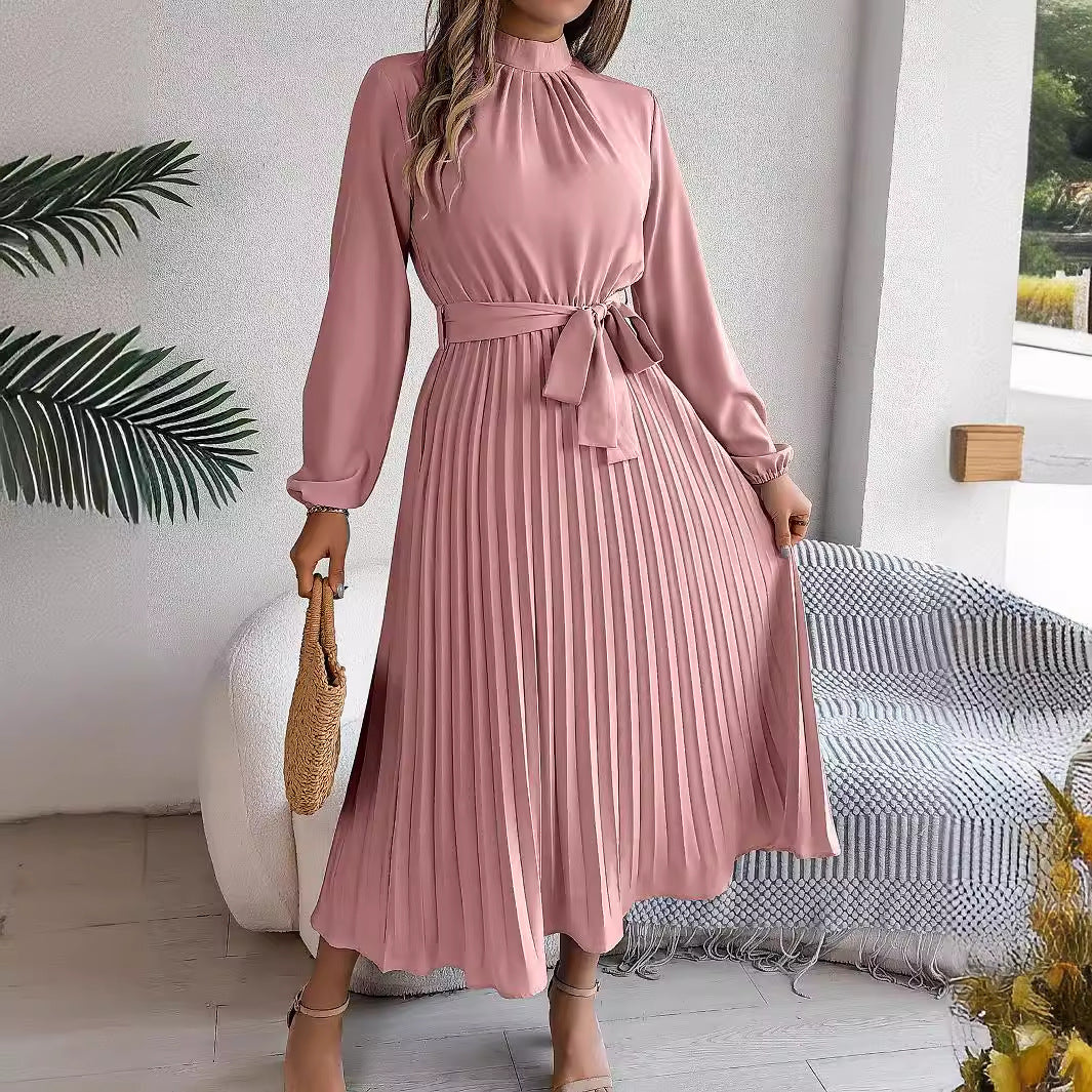 2026 European And American Women's Autumn And Winter Elegant Standing Collar Long Sleeved Waist Cinched Pleated Long Skirt Small Dress